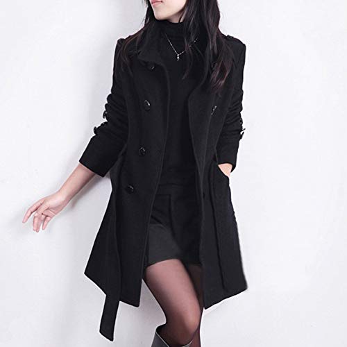 Sunward Women's Winter Double Breasted Wool Blend Long Pea Coat with Belt (M, Black)