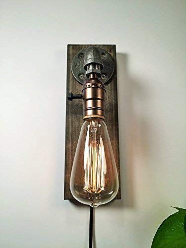 Industrial Steampunk wall sconce pipe lamp with globe Edison bulb and weathered wood base
