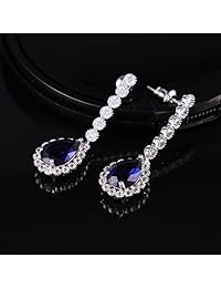 GULICX boda Tear gota de azul cúbico Zirconia crystal cz bañado en plata base Zafiro Color Dangle Earring