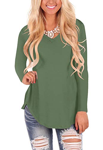 WFTBDREAM Women Casual Long Sleeve Blouse Irregular Hem Solid ArmyGreen L