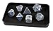 Forged Dice Co. Metal Polyhedral Dice Set of 7 - Storage Tin and Stickers - Metal Gaming Dice for RPG Games Battle Steel w/Blue Numbers