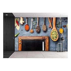 Various Spices Like Turmeric, Cardamom, Chili, Ginger, Star Anise and Cinnamon Near Blackboard - Removable Wall Mural | Self-Adhesive Large Wallpaper - 66x96 inches