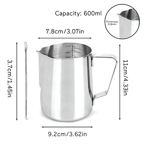 Milk Frothing Pitcher Jug - 20oz/600ML Measurements Steaming Pitchers, Stainless Steel Coffee Tools Cup, Espresso, Latte Art and Frothing Milk, Attached Latt Art Pen
