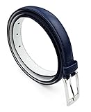 Womens Skinny Leather Belt with Silver Polished Square Belt, Navy, Size Large
