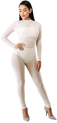 Women's Sexy Rhinestone Sheer High Neck Long Sleeved Slim Fit Long Jumpsuit