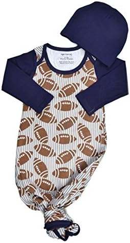 Infant Baby Tie Nightgown and Matching Hat | Sleep Gown With A Tie Bottom | Boy Girl Unisex | Soft Stretchy Cotton (Football, 0-3 Month)
