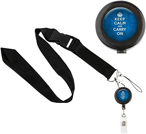 Translucent Retractable Badge Holder Reel Key Chain Reel with Black Lanyard for Key Cards and ID Cards KEEP CALM &amp; CARRY ON BLUE LOGO (Black Reel &amp; Black Lanyard)