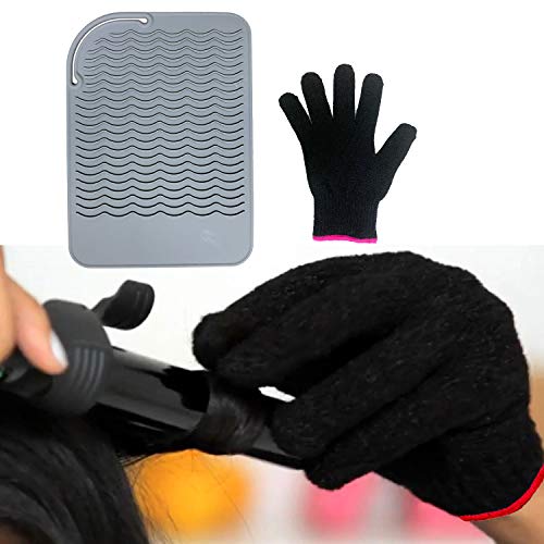 Heat Resistant Mat Pad and Heat Resistant Glove for Curling Irons, Hair Straightener, Flat Irons and Hair Styling Tools 9" x 6.5", Food Grade Silicone, Gray