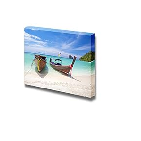Beautiful Scenery Seascape of Two Boats on White Beach and Clear Sea Wood Framed - Canvas Art Wall Art - 12" x 18"