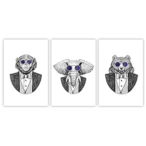 3 Panel Animal Canvas Wall Art - Cartoon Artwork Mr Gorilla, Mr Elephant and Mr Bear with Cool Glasses - Giclee Print Gallery Wrap Modern Home Art Ready to Hang - 16"x24" x 3 Panels