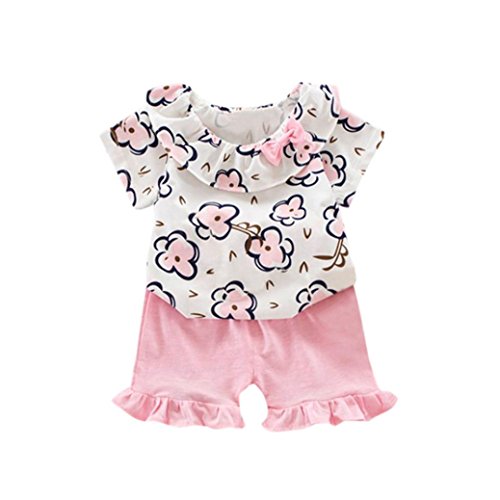 Click Here to See More Images â¤ï¸Baby Set, Neartime Fashion Girls Polka Dot Bow Children Short Sleeve Flower Top + Shorts Two Piece Set Sleeveless Mini Set (24M, Pink)