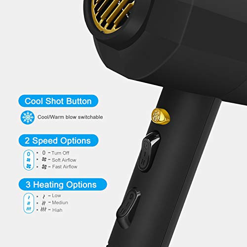 Xpoliman Hair Dryer, Negative Ionic Salon Hair Blow Dryer with Powerful Professional DC Motor, 2 Speed 3 Heat Setting, Cool Shot Button, Light Weight Low Noise,Long Life Styler Dryer with Nozzle-Black