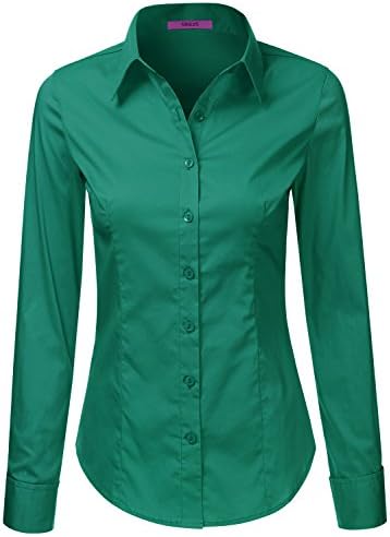 LA BASIC Women's Long Sleeve Button Down Collared Shirts EMERALDGREEN S