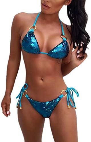 JiaMeng Women 2 Pieces Swimsuit Sprkling Sequin Rhinestone Crystal Diamond Push-up Bikini Set Halter Neck Bikini Swimwear