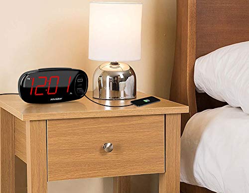 Bedrooms Alarm Clock with USB Charger - Dual Front USB Ports 6.5”Easy to Read Large LED Display with Dimmer Outlets Powered Bedside Clock for Home Hotel