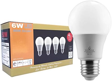 BLUEFIRE 6 Watts A19 LED Light Bulbs, Natural Daylight 5000K, 600 Lumens, 40W Replacement, Flickering-Free Light - 4PCS Value Pack, Great Light Output with Low Energy Use