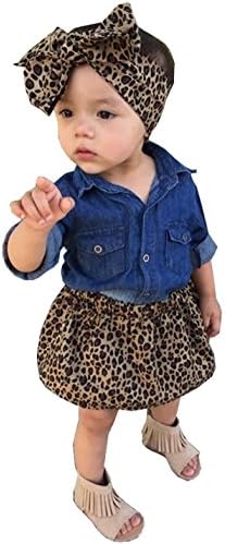 3pc Baby Girl Blue Jean Shirt + Leopard Print Short Skirt + Headband Outfits Set Clothes
