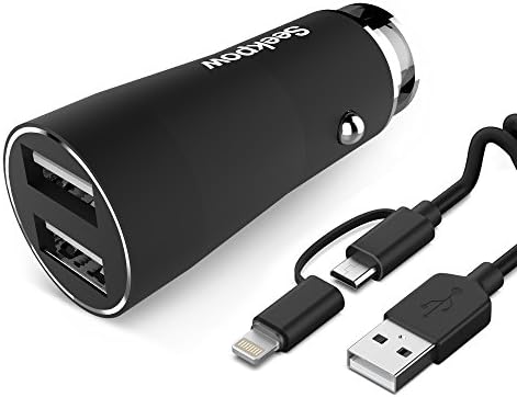 Dual USB Port Car Charger with 2-in-1 lightning Cable, Seekpow 3.4A/17W 2 USB Smart Port Car Charger Fast for iPhone 8 / X / 7 / 6s / 6 / Plus, iPad Mini / Air, Galaxy S7 / S6 / Edge / Plus, Note 7,5