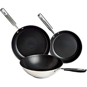 AmazonBasics 3-delig set roestvrijstalen inductie-koekenpannen en wok, 24 cm, 28 cm koekenpan en 28 cm wok, anti…