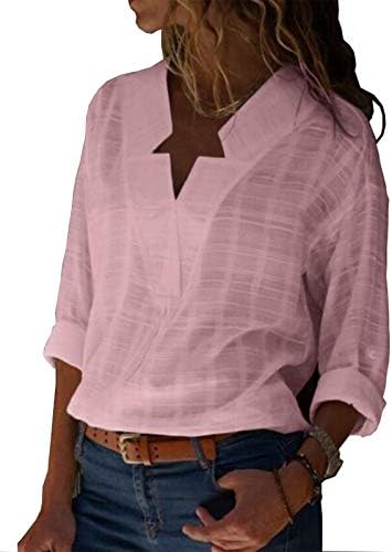 GARYOB Womens V Neck Long Cuffed Sleeve Cotton Linen Casual Blouses Print Solid T Shirt Tops S-5XL