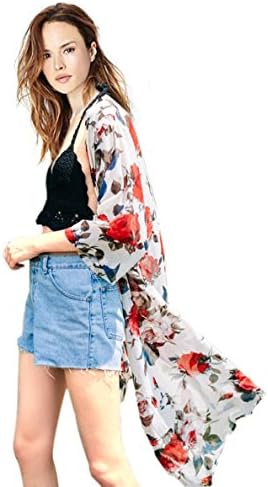 Aoqueen Fashion Womens Floral High Low Chiffon Kimono Cardigan Swimsuit Cover Ups White One Size