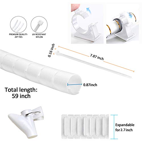 118" White Cable Management Zipper Tubes, Power Cord Organizer Protectors for Pets, 2 Pack VIWIEU Cable Bundler with Free Electrical Cable Clips and Zip Ties, Computer Under Desk Wire Holder Solutions - Thumbnail 2