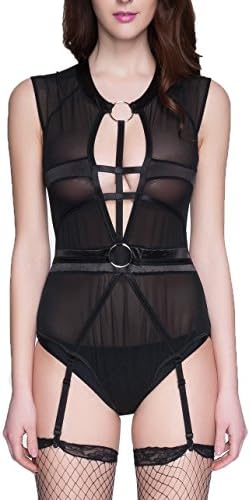 TEMPT Women's Sexy Teddy Lingerie Bandage Bodycon Bodystocking Nightwear with Garter Belts