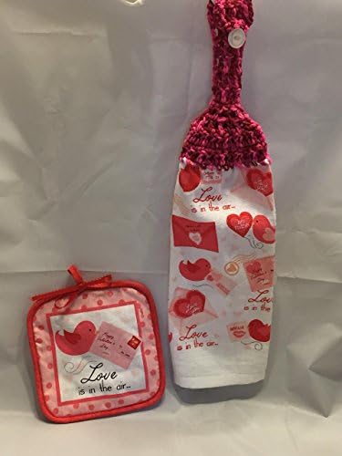 Free ship to USA - 1 CROCHET KITCHEN hand TOWEL LIGHT weight terry cloth and Coordinating hot pad - Happy Valentine's Day - LOVE BIRD Stamps - Variegated Pinks 100% crochet top - smoke free pet free