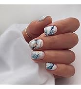 YOSOMK Press on Nails Short Dark Green Ink Splash Fake Nails Short Glossy Stick on Nails Full Cov...