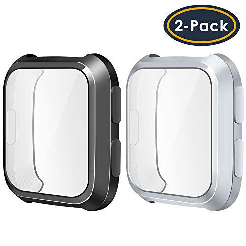QIBOX Compatible Fitbit Versa Cover (2-Pack), All-Around Protective Screen Protector Case Bumper Shell Soft TPU Plated Bumper Compatible Fitbit Versa Smartwatch [Scratch-Resist][Full-Protector]