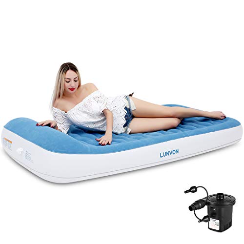 Lunvon Self Inflatable Pad Camping Air Mattress Twin Size Blow Up Bed with Built-in Pillow Anti-LeakageRaised Airbed with Rechargeable Pump for Home, Guest, Camping, Height 10″, 2-Year Warranty