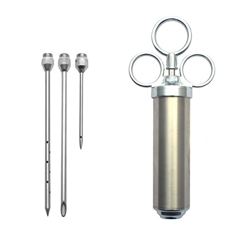 Hotloop Stainless Steel Meat Injector, Flavor Injector Syringe Kit with 2-oz Large Capacity Barrel & 3 Marinade Needles for Turkey, Pork Loin, Beef, Bratwurst, Hot Dogs , Cupcakes or other Desserts
