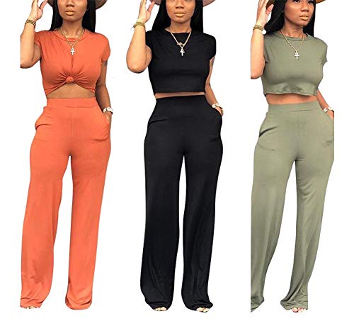 Women Solid O-Neck Short Sleeve Crop Tops High Wairst Flare Long Pants Jumpers 2 Piece Outfits