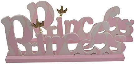 Pink Gold Glitter Wood Word Princess with Crown Freestanding Room Decor, Set of 2