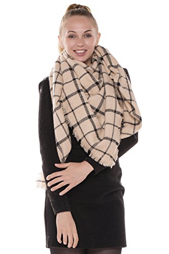BYOS Women Winter Versatile Chic Tartan Plaid Oversized Blanket Scarf Wrap Shawl (Windowpane Check Beige) - Thumbnail 4