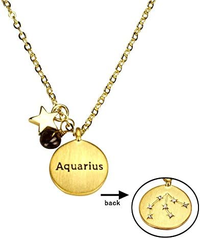 Miraclelove Gold Plated Brass Zodiac Charm Handmade Gemstone Pendant Necklace, 18"