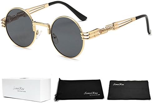 SamuRita Designer Steampunk John Lennon Metal Round Sunglasses Vintage Eyewear(Black Lens/Gold Frame)
