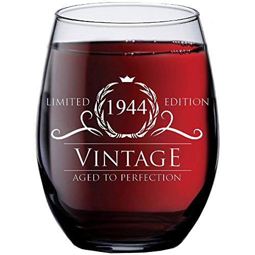 1944 76th Birthday Gifts for Women Men - 15 oz Stemless Wine Glass - 76 Year Old Gift Present Ideas for Mom Dad - Funny Vintage Unique Personalized - Party Anniversary Reunion Decorations Supplies