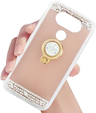 LG V30 Case,LG V30S Case,LG V30 Plus Case,XIHUA Luxury Crystal Rhinestone Soft Rubber Bumper Bling Diamond Glitter Mirror Makeup Case with Ring Stand Holder for LG V30/V30 Plus/V30S (2017)-Rose Gold