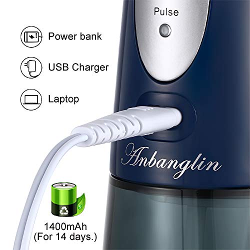 Water Dental Flosser,Anbanglin Cordless 10oz/300mL Professional Oral Irrigator, Portable and Rechargeable Waterproof with 3 Modes 4 Jet Tips Water Flossing for Home and Travel Use
