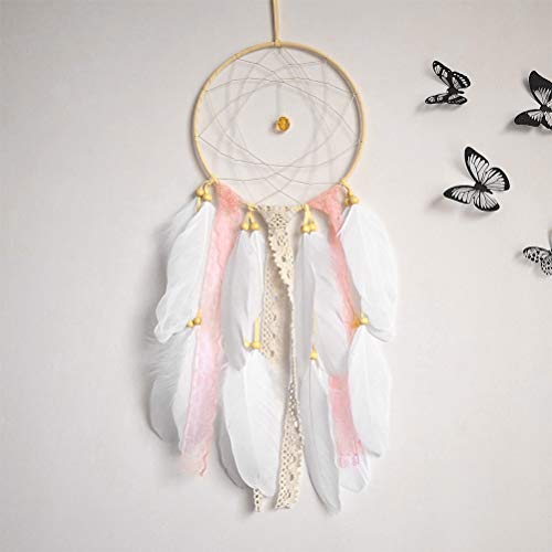 OFNMY Handmade Feathers Dream Catcher Pink Kids 6.3" x 21" Indian Dreamcatcher Wall Hanging Home Garden Decor