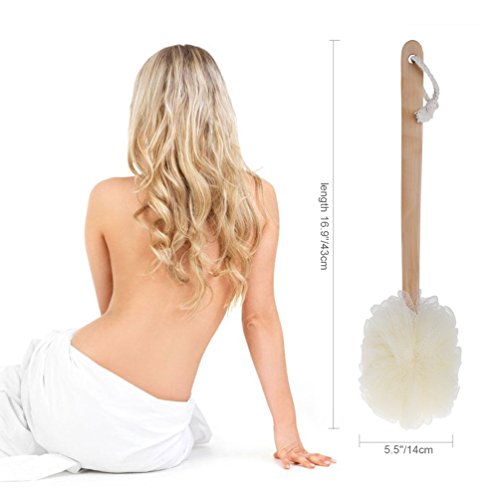 PRETTY SEE Exfoliating Loofah Body Brush with Long Wooden Handle Mesh Shower Bath Sponge