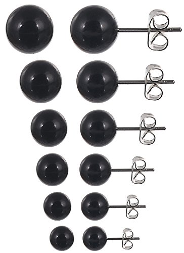 Areke Women's Faux Pearl Earrings Stud - Surgical Steel Earings Pin,Round Ball Jewelry Set of 6 Pairs Color Black
