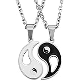 INBLUE Men's 2 PCS Stainless Steel Enamel Pendant Necklace Black White Yin Yang Love Couple -With 20 and 23 Inch Chain