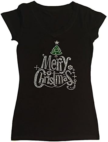 Womens T-shirt with Merry Christmas with Christmas Tree in Rhinestones