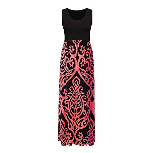 Duseedik Women's Pacthwork Dresses Plus Szie Summer Casual Sleeveless O-Neck Print Maxi Tank Long Beach Dress Red