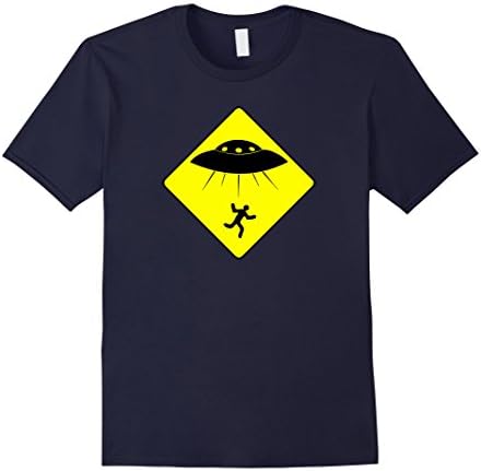 Mens UFO Abduction Area warning sign T-shirt - Beware Aliens Large Navy