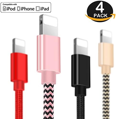 4 Pack Lightning Cable, Charging Cord For iPhone [1.5FT 3FT 5FT 6FT] Nylon Braided Cable For iPhone, Charger Cord For iPhone X/8 Plus/8/7 Plus/7/6 Plus/6/6s Plus/6s/5/iPad[Black Pink Red Gold]