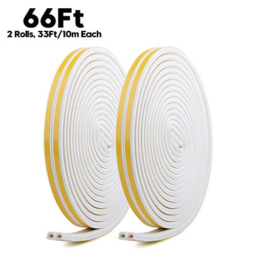 Door Weather Stripping,Insulation Seal Strip for Doors and Windows,Self-adhisive Foam Door Seal Strip,Soundproof Seal Weather Strip Gap Blocker Epdm,Total 66Ft Long(2 Rolls,33Ft/10m Each,White)