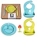 Baby Toddler Feeding Set - BPA Free Silicone Adjustable Bib Plates Bowls Spoons - Divided Plate Suction Bowl & Soft Spoon Teether- Self Feed, Easy Clean,Safe for Children, Waterproof Spill Resistant